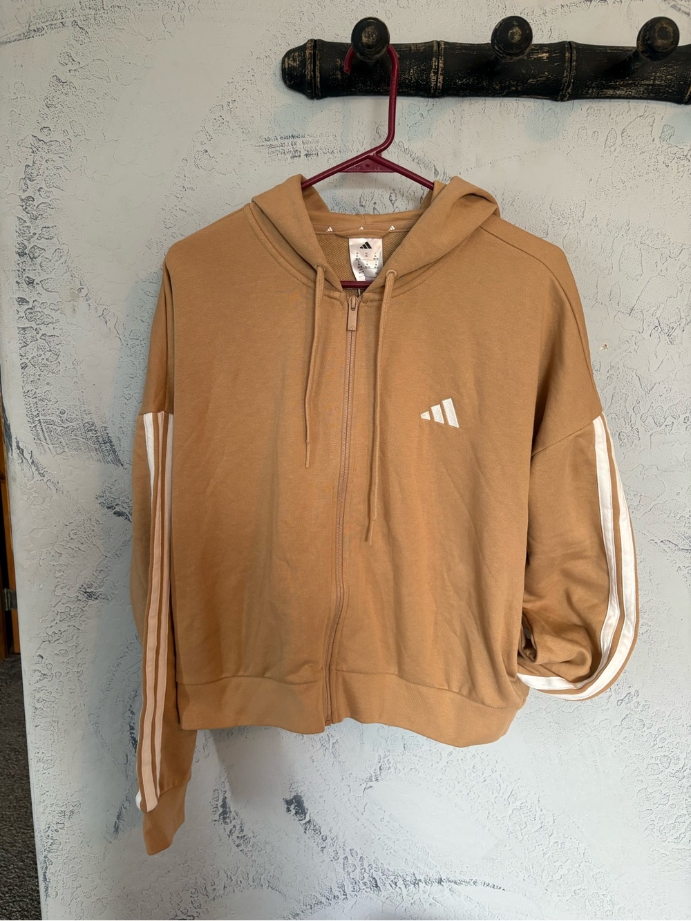 adidas Tan Zip-Up Hoodie with White Sleeve Stripes